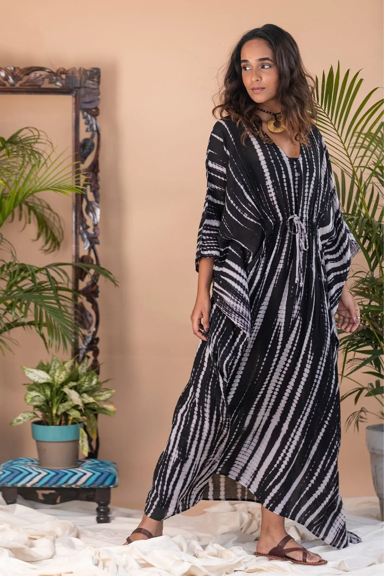 Black Tie and Dye Pintuck Kaftan 1