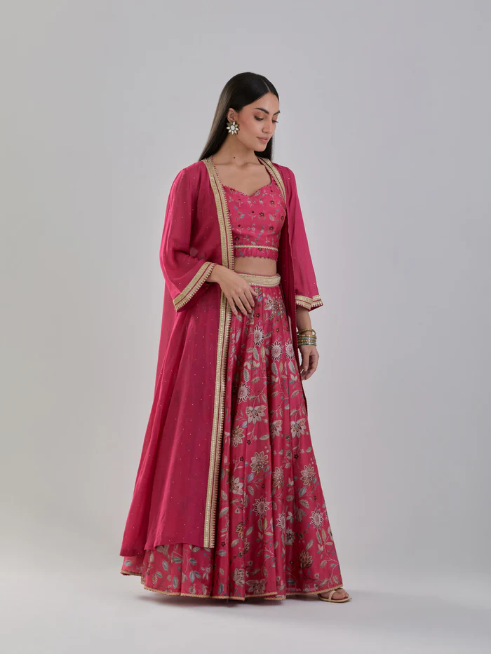 Fuchsia Floral Printed Chanderi Lehenga Set with Georgette Cape 1
