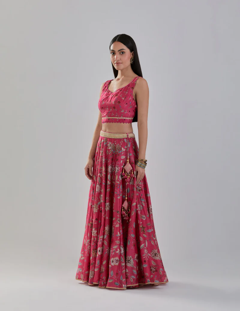 Fuchsia Floral Printed Chanderi Lehenga Set with Georgette Cape 3