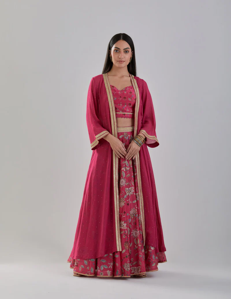 Fuchsia Floral Printed Chanderi Lehenga Set with Georgette Cape 4