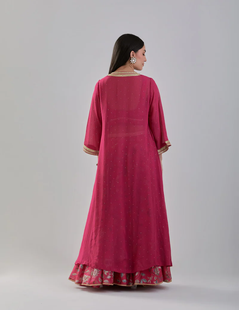 Fuchsia Floral Printed Chanderi Lehenga Set with Georgette Cape 5