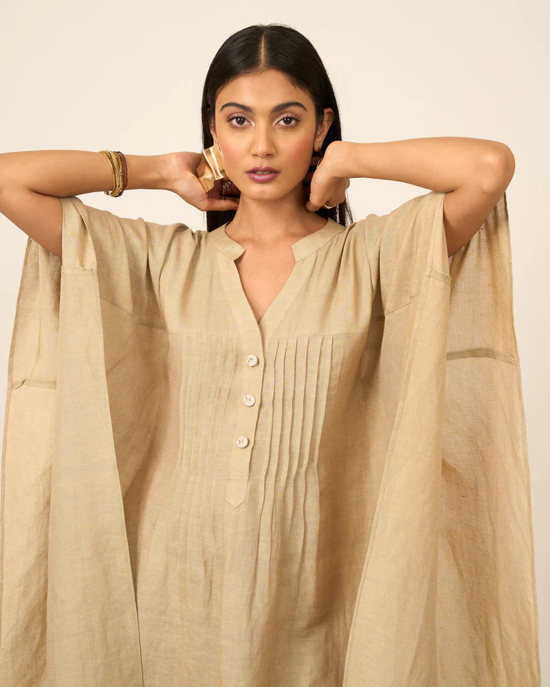 Sand Linen Kaftan with Pintucks 3