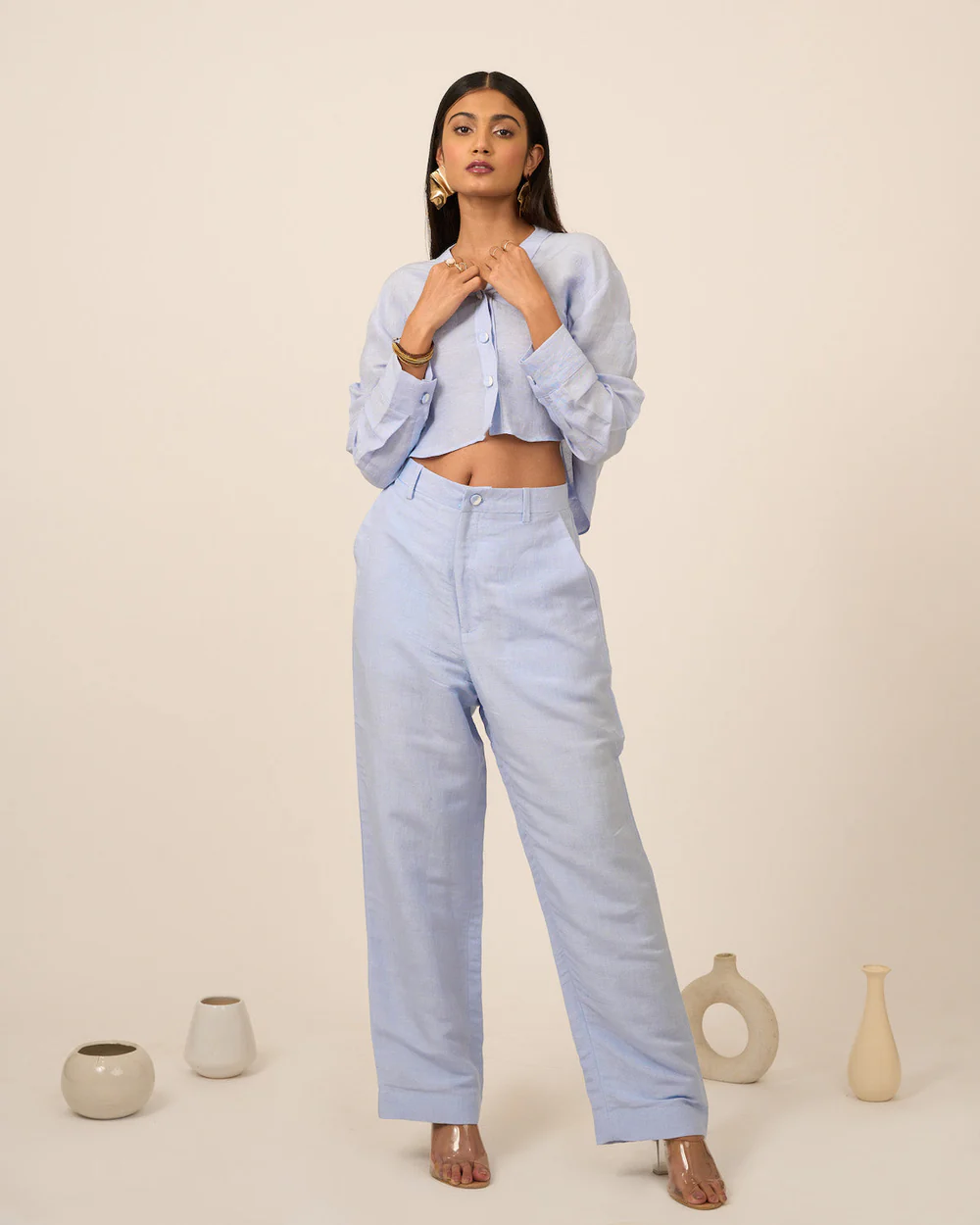 Sky Blue Linen Crop Top and Pants Set 1