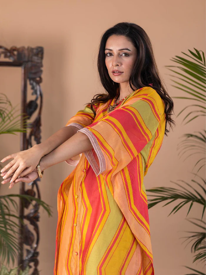 Adira Geometric Print Chanderi Button Kaftan Dress 3