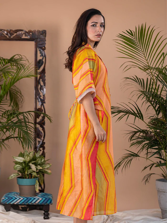 Adira Geometric Print Chanderi Button Kaftan Dress 4