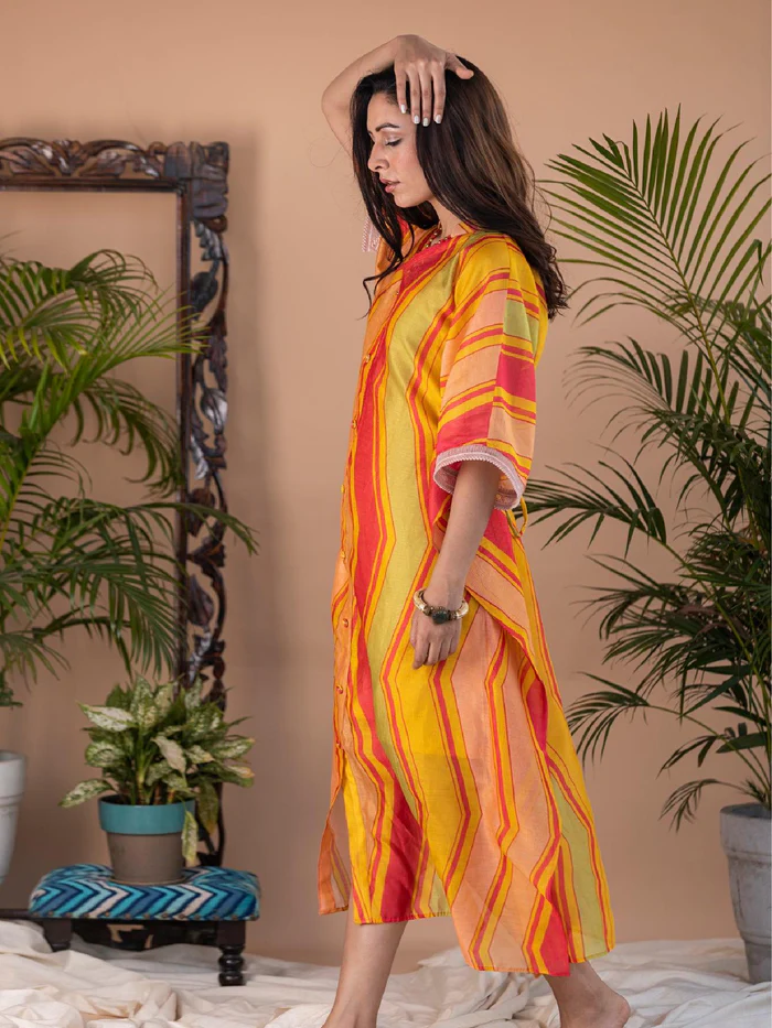 Adira Geometric Print Chanderi Button Kaftan Dress 5