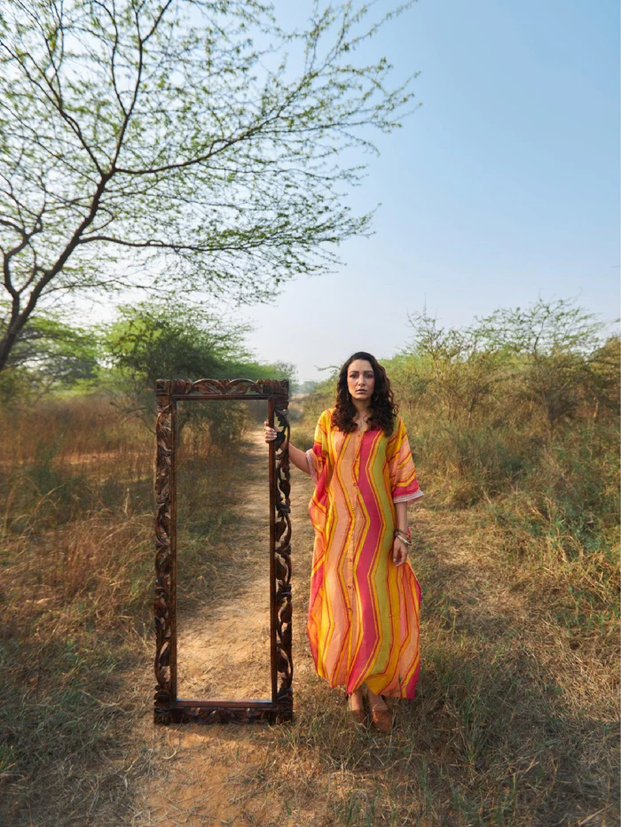 Adira Geometric Print Chanderi Button Kaftan Dress 6