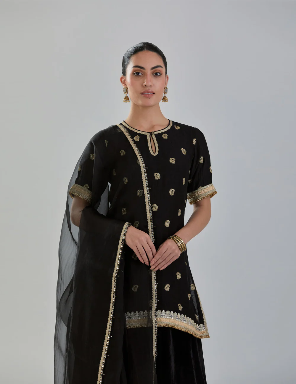 Black Embroidered Chanderi Kurta With Velvet Sharara & Organza Dupatta 2