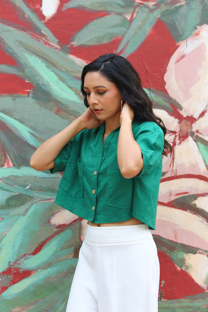 Bottle Green Linen Crop Top 2