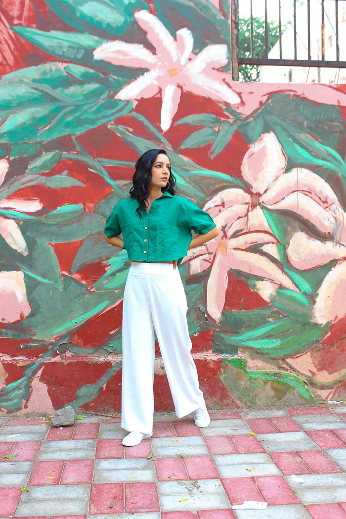 Bottle Green Linen Crop Top 3