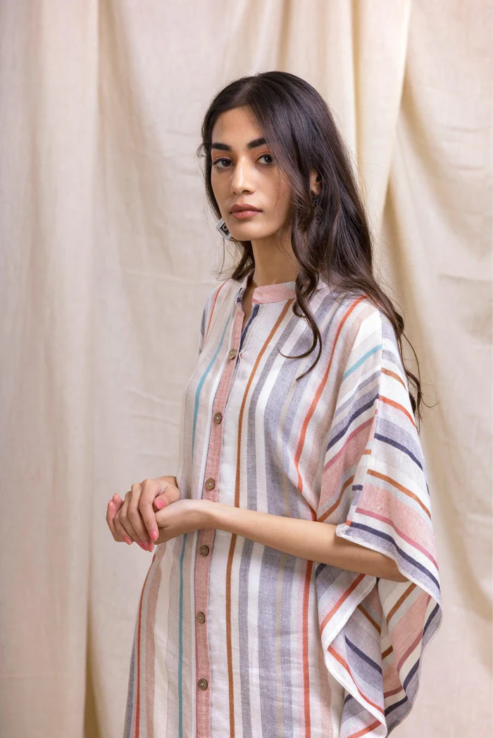 Ecru Striped Buttoned Kaftan Dress 2