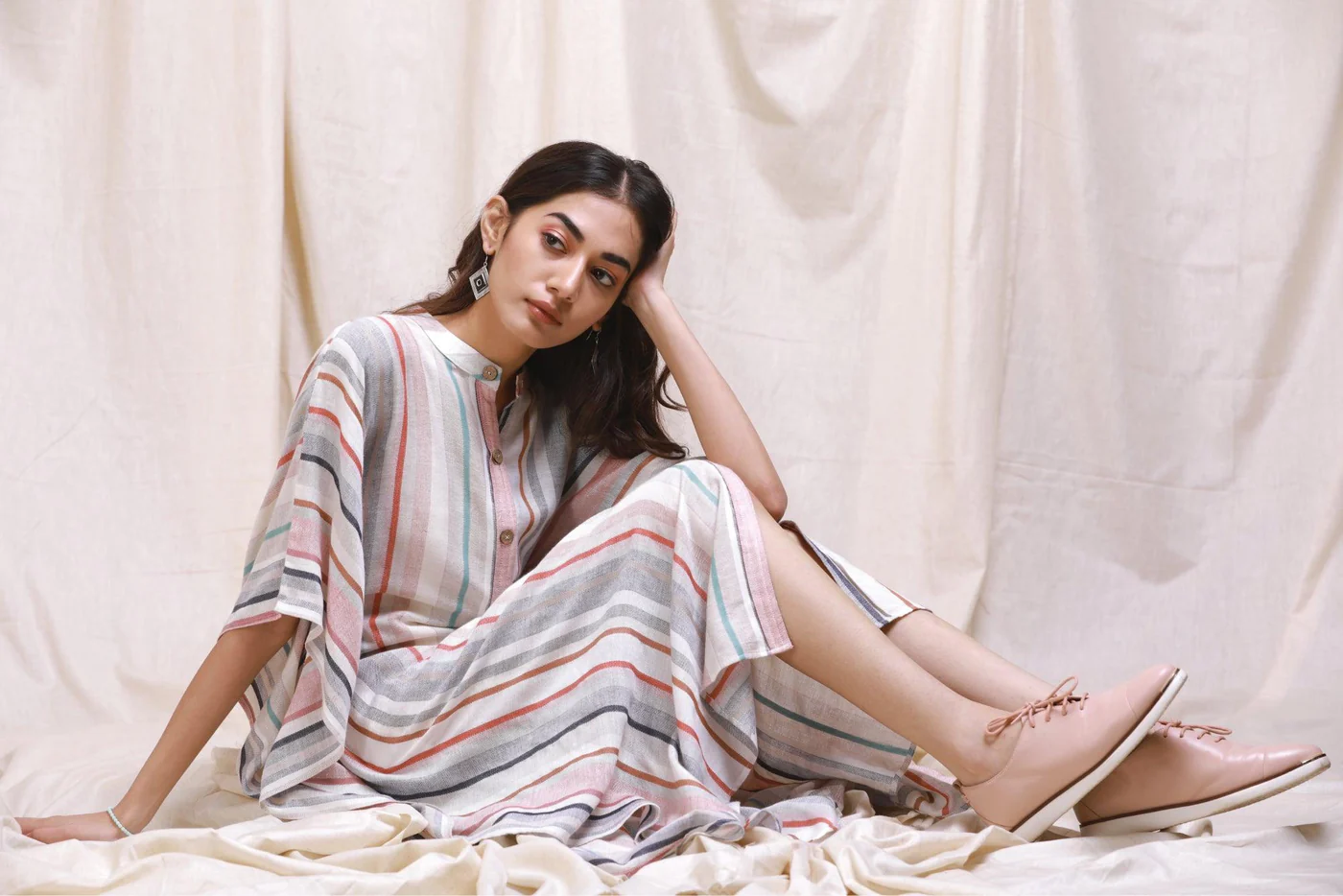 Ecru Striped Buttoned Kaftan Dress 3