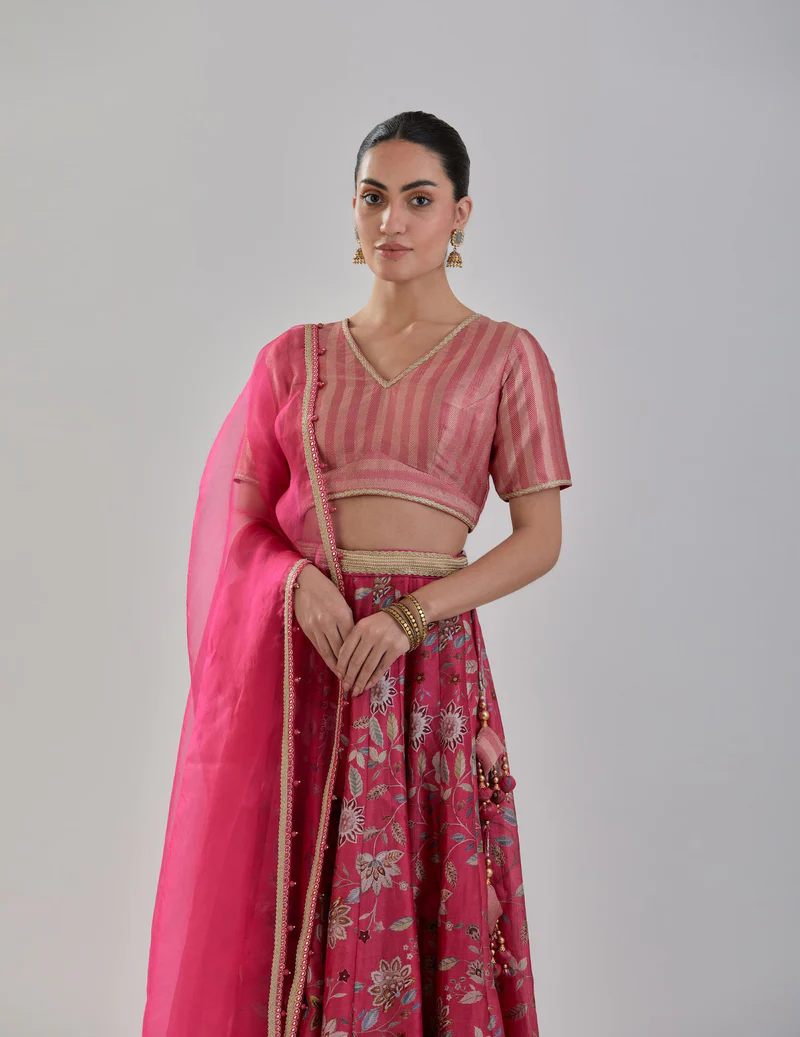 Fuchsia Floral Chanderi Lehenga Set With Organza Dupatta 2