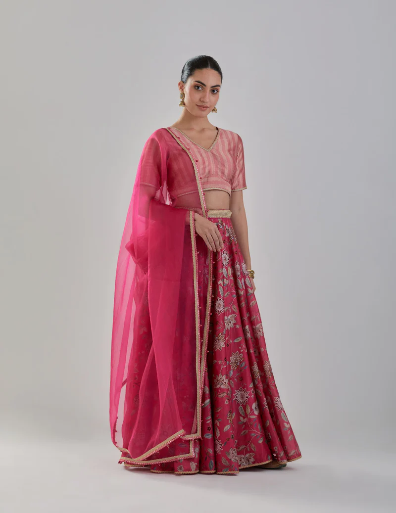 Fuchsia Floral Chanderi Lehenga Set With Organza Dupatta 3