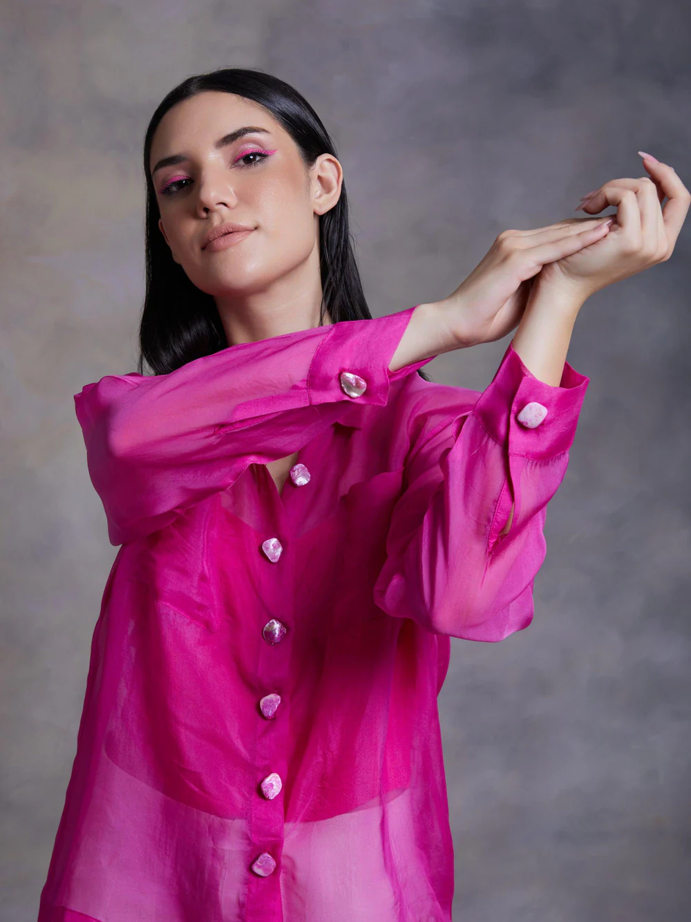 Fuchsia Organza Shirt With Shell Buttons 3