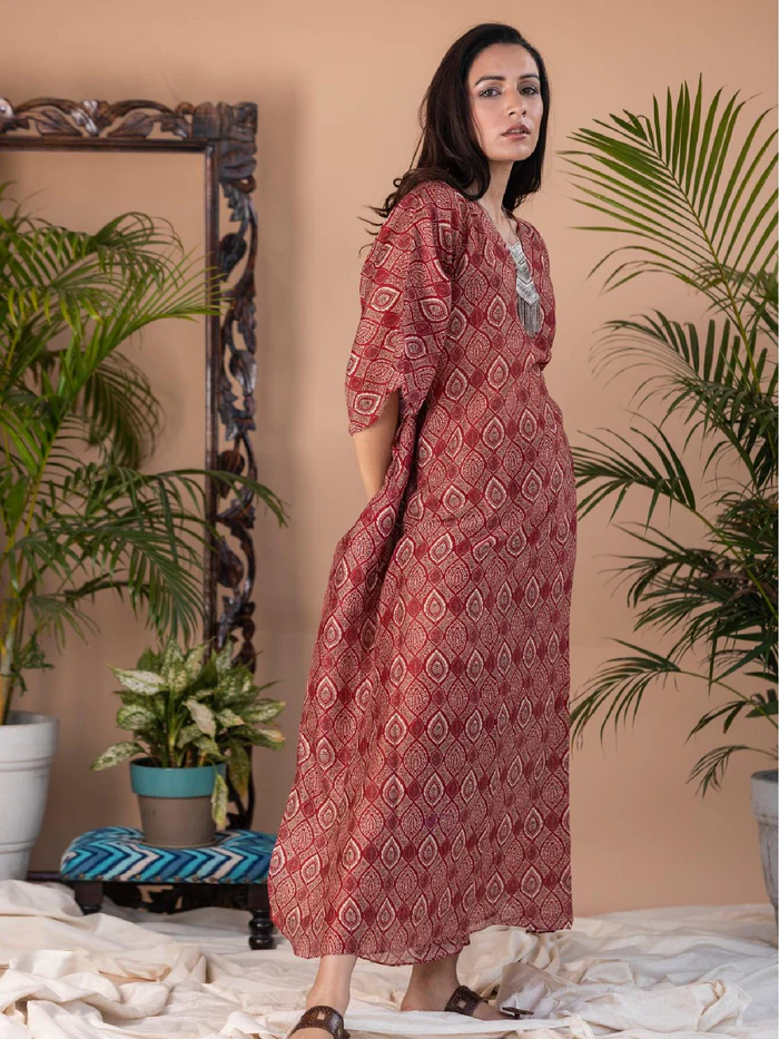 Kaner - Red Ajrakh Block Print Long Kaftan 1