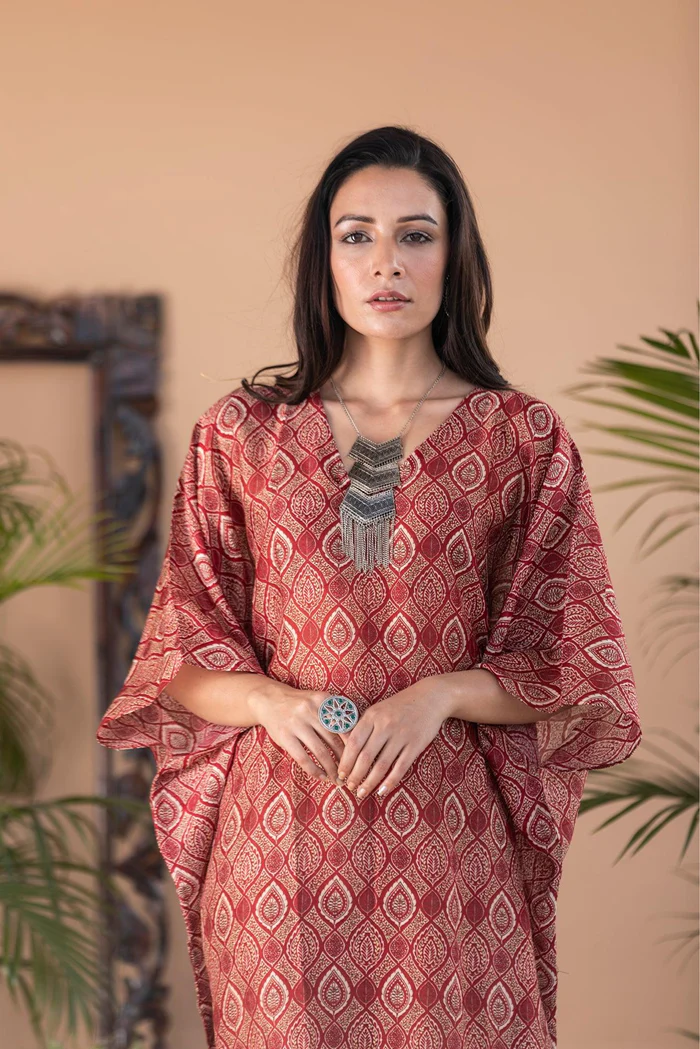Kaner - Red Ajrakh Block Print Long Kaftan 3