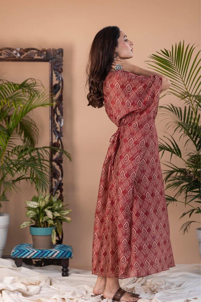 Kaner - Red Ajrakh Block Print Long Kaftan 4