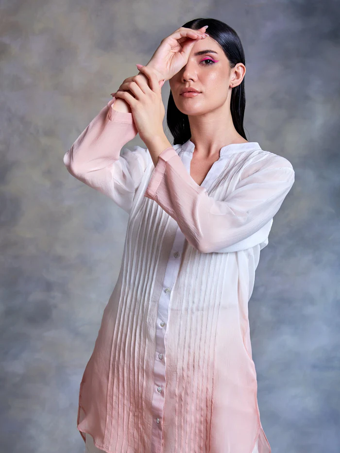 Light Pink Ombre Pintuck Kurta with Cotton Slip 3