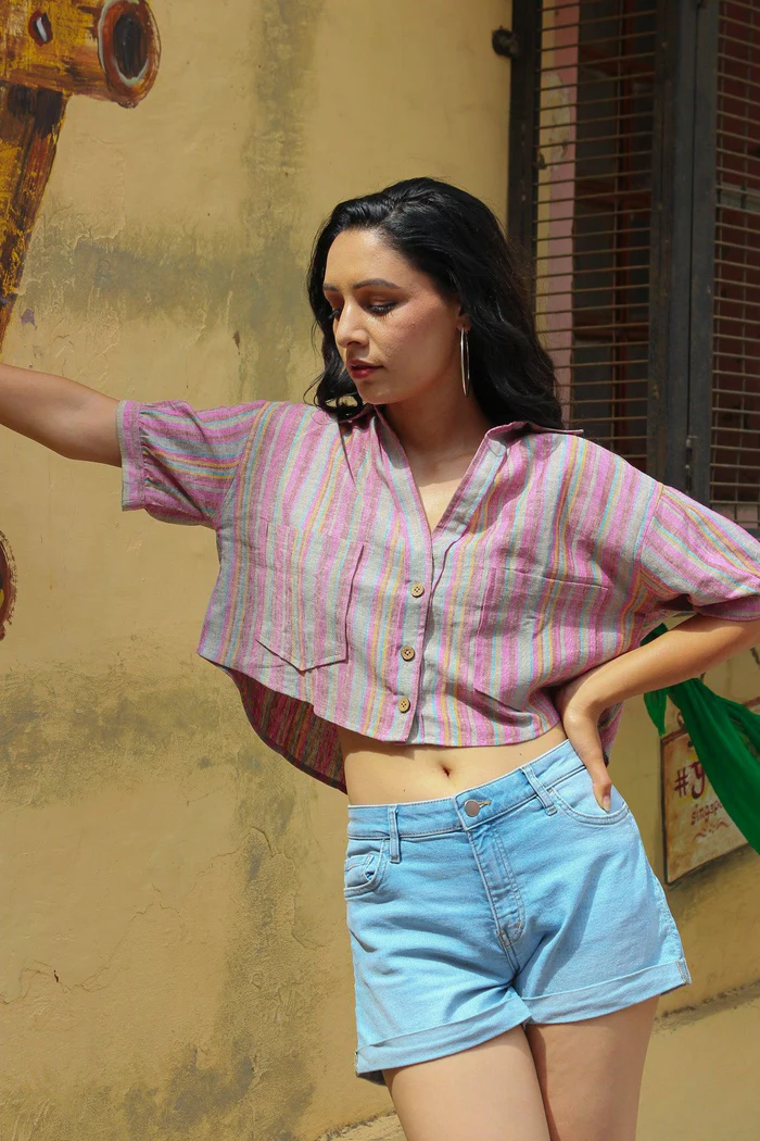 Multicolor Stripes Linen Crop Top 2