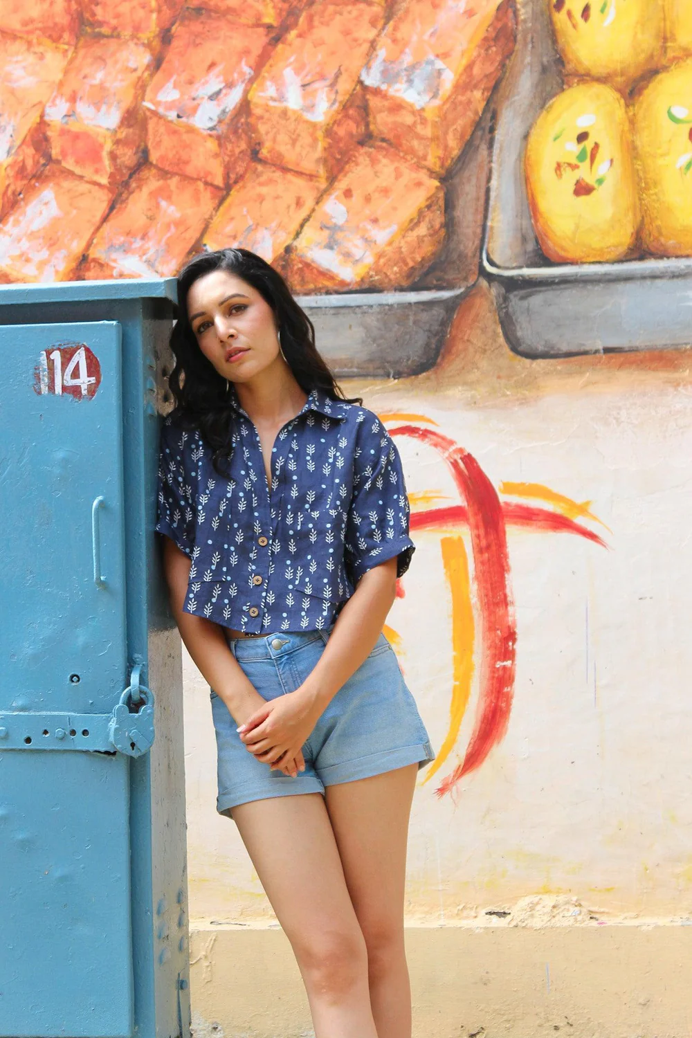 Navy Printed Linen Crop Top 1