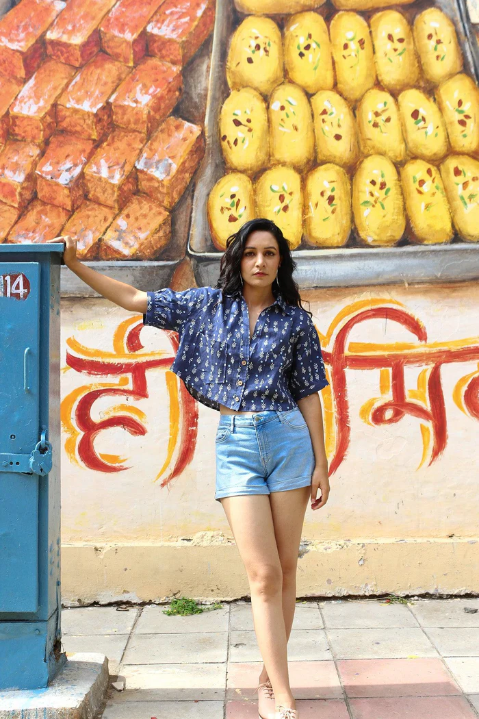 Navy Printed Linen Crop Top 2