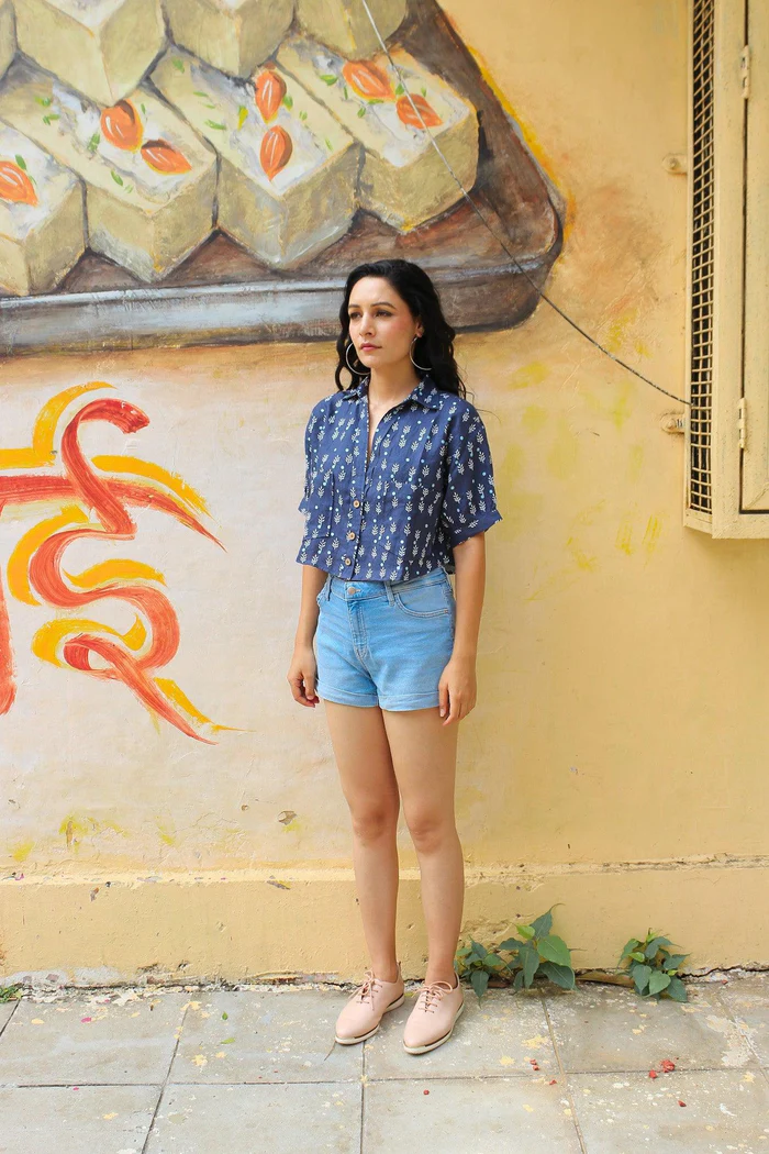 Navy Printed Linen Crop Top 4