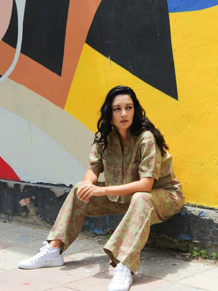 Olive Floral Linen Crop Top 2