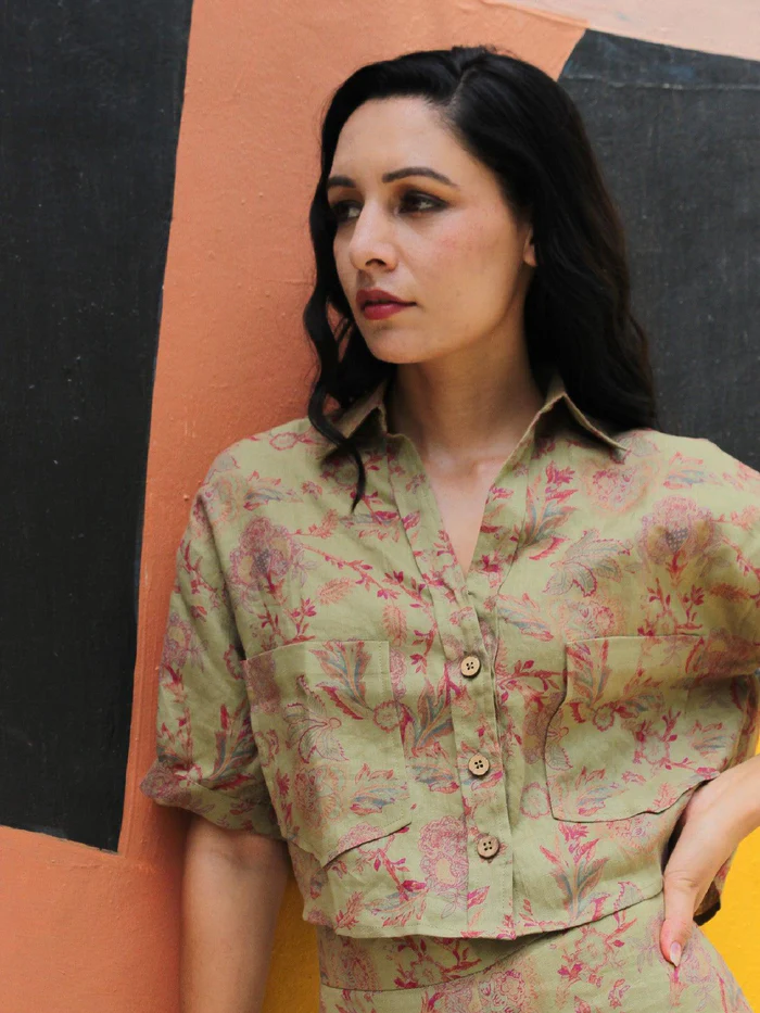 Olive Floral Linen Crop Top 3