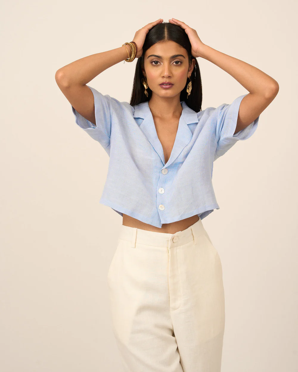 Powder Blue Coat Collar Linen Crop Top 3