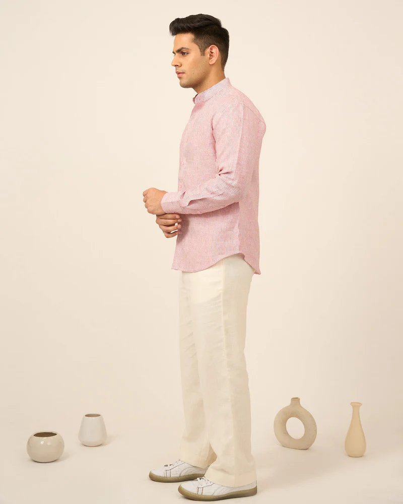Red Pinstripe Linen Men's Shirt 2