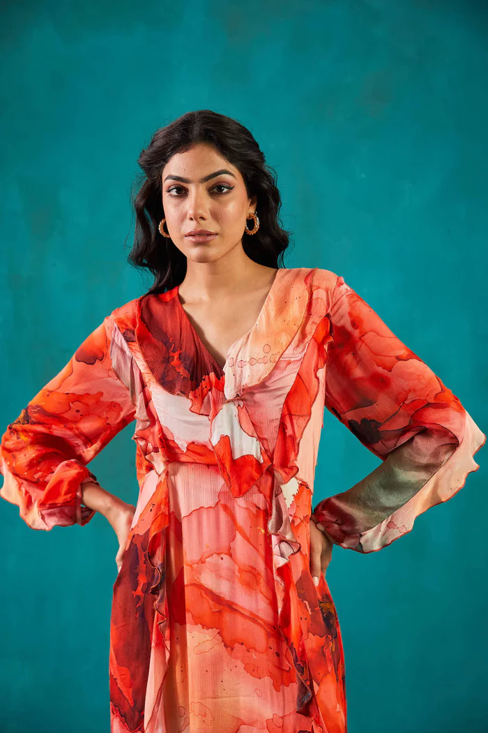 Red Printed Chiffon Dress 3