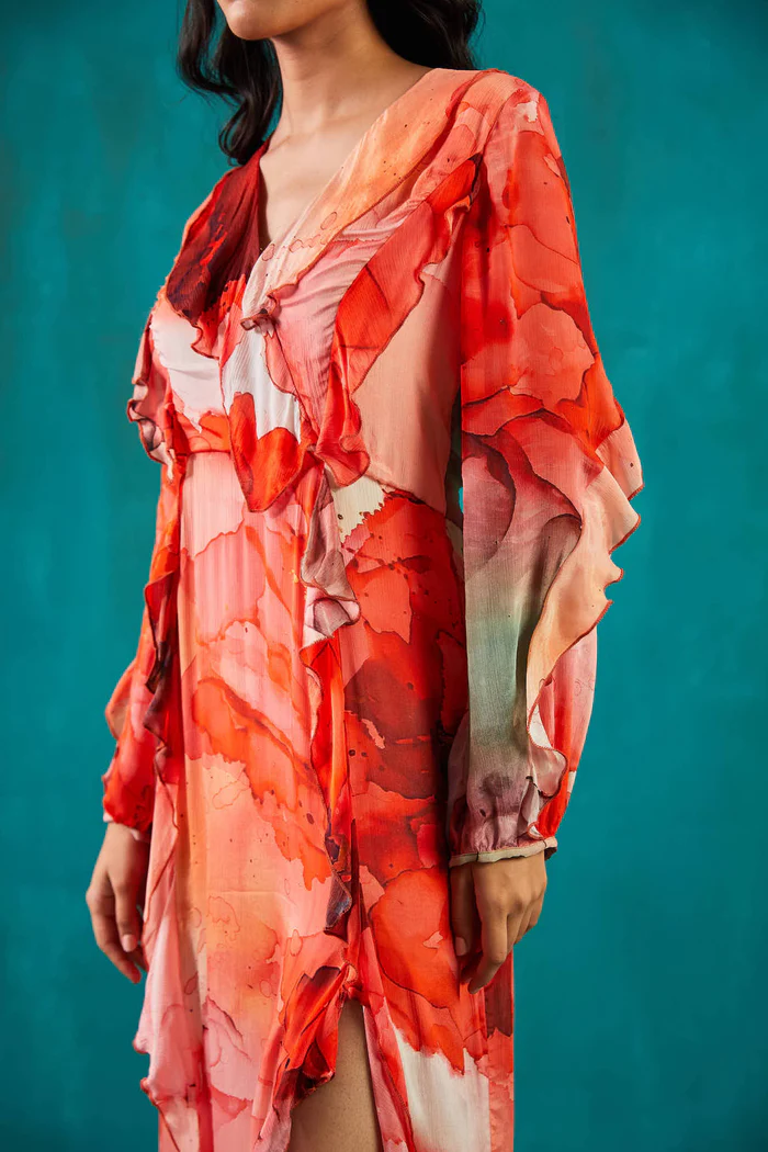 Red Printed Chiffon Dress 4