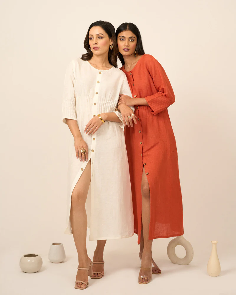Rust Linen Midi Dress with Pintucks 2
