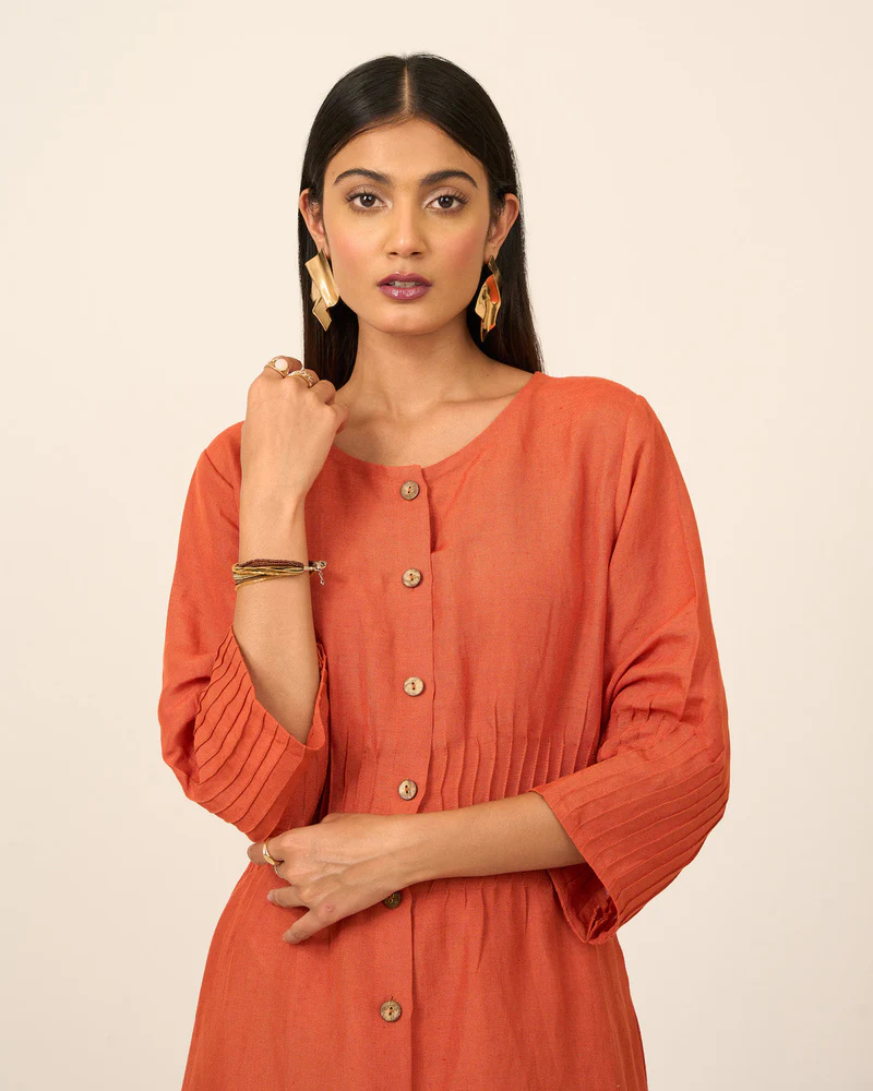 Rust Linen Midi Dress with Pintucks 4