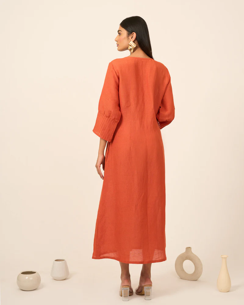 Rust Linen Midi Dress with Pintucks 5