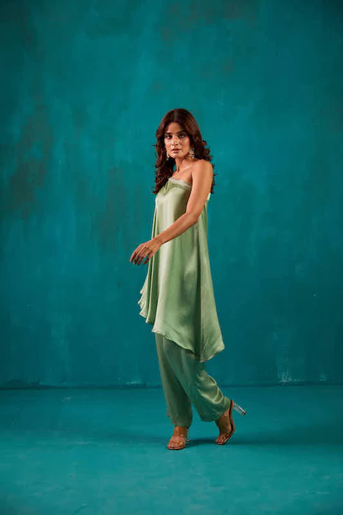 Sage Green One Shoulder Kaftan Co-ord Set 2