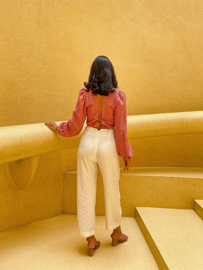 Salmon Schiffli Cut Work Crop Top 3