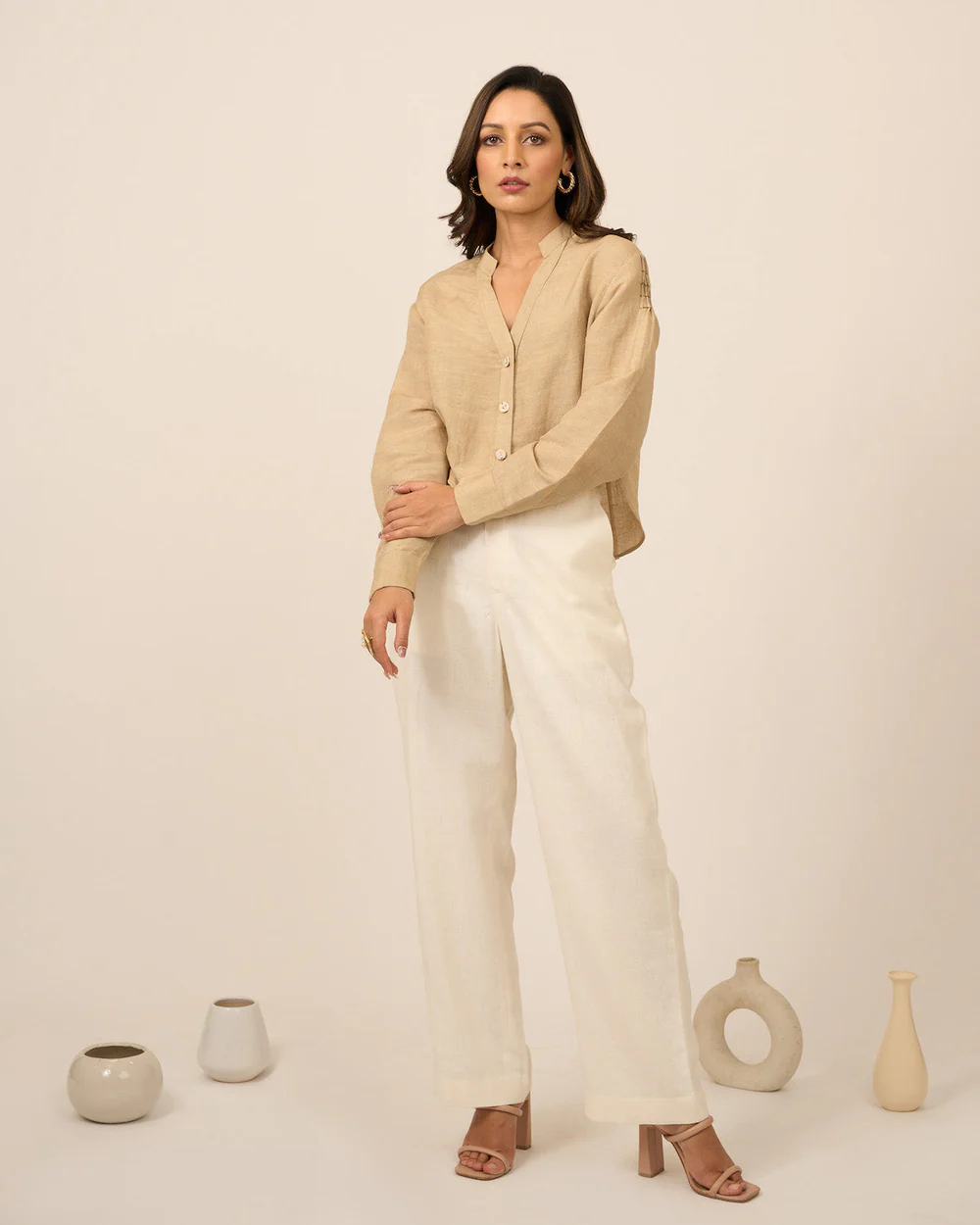 Sand Linen Crop Top And Pants Set 1