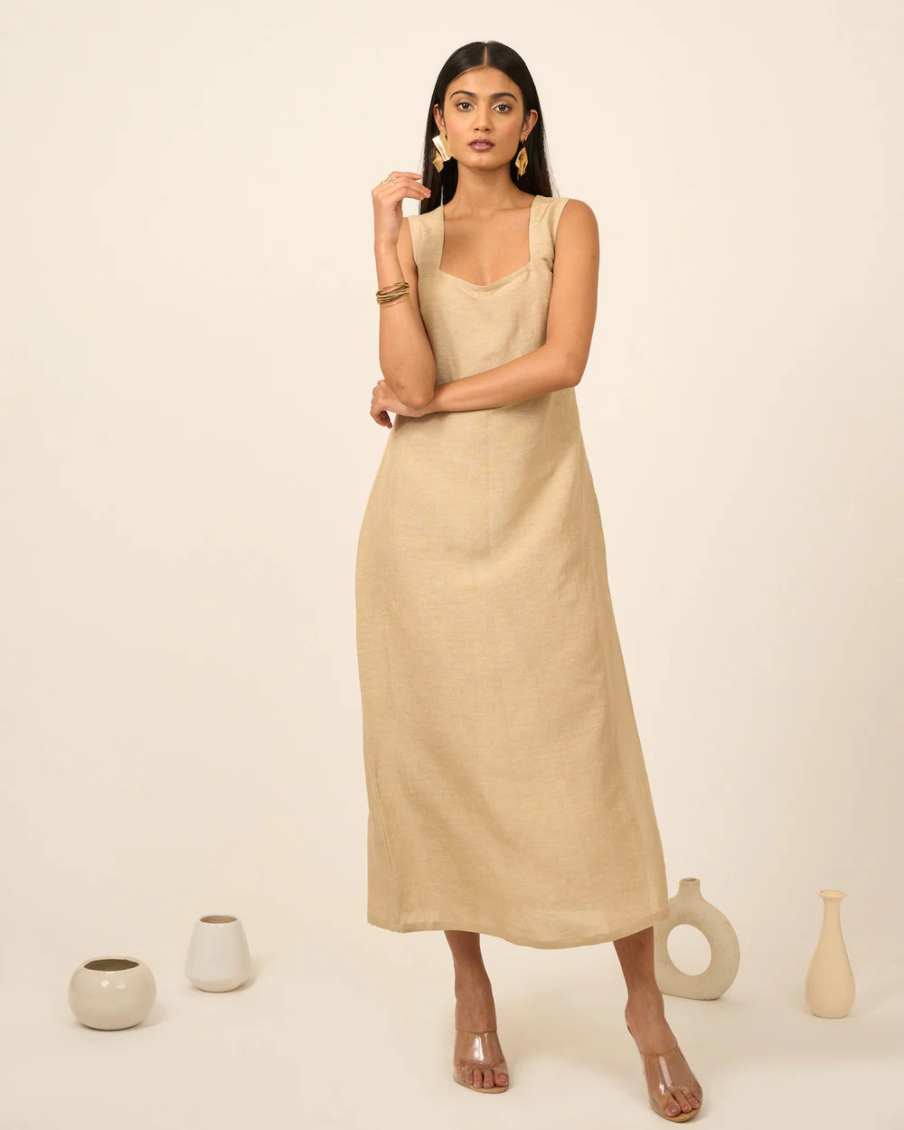 Sand Linen Midi Dress With Side Slit 1
