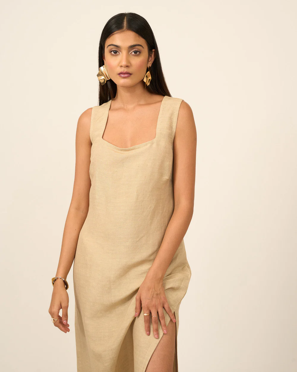 Sand Linen Midi Dress With Side Slit 5