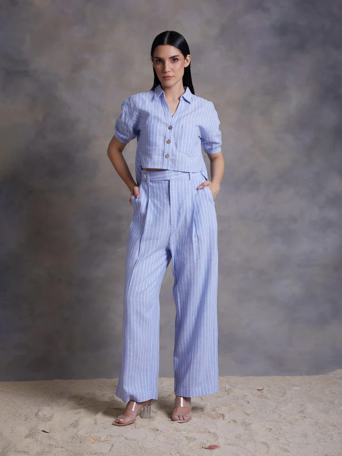 Sky Blue Pinstripe Linen Crop Top 1