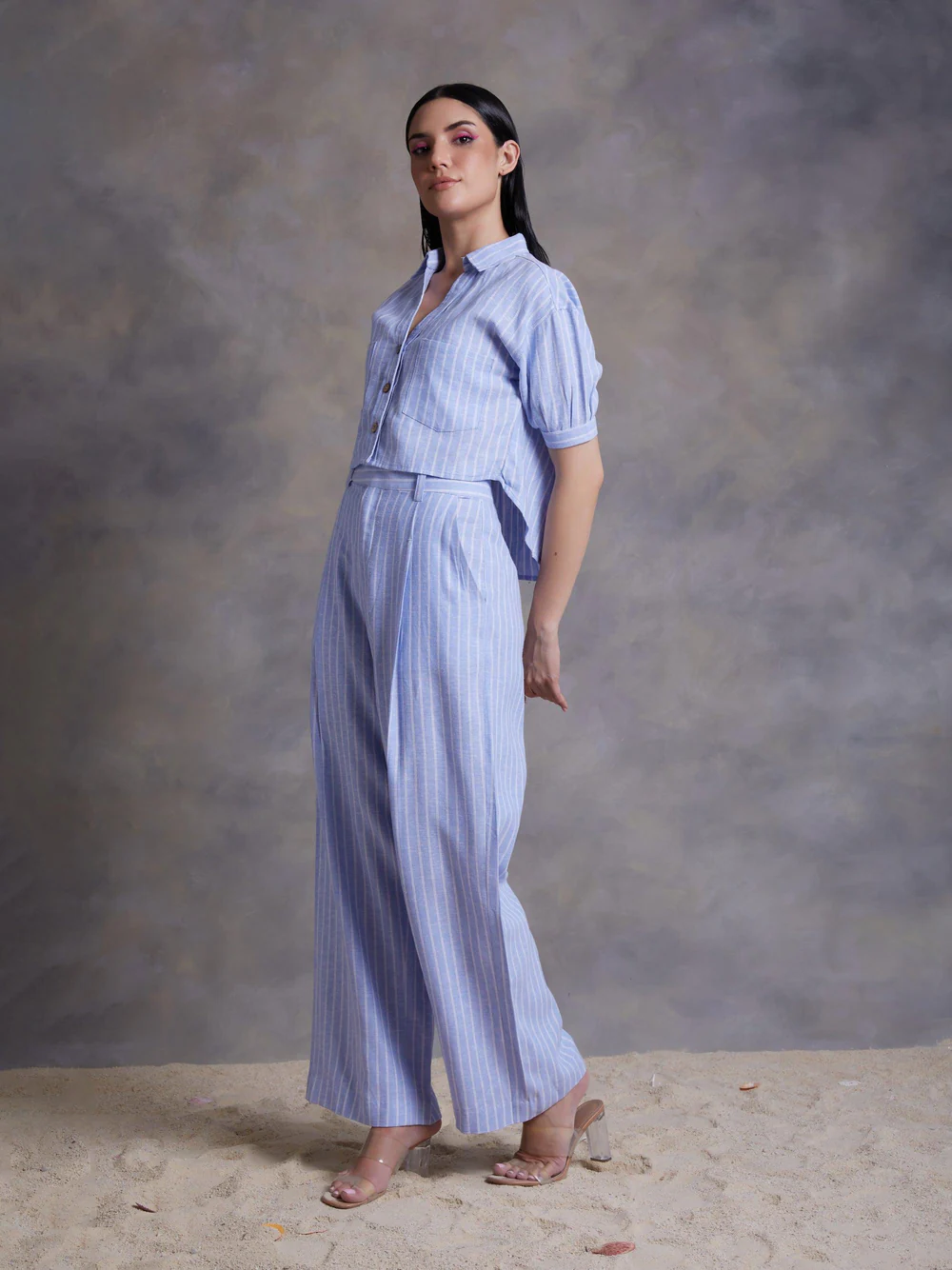 Sky Blue Pinstripe Linen Crop Top 2