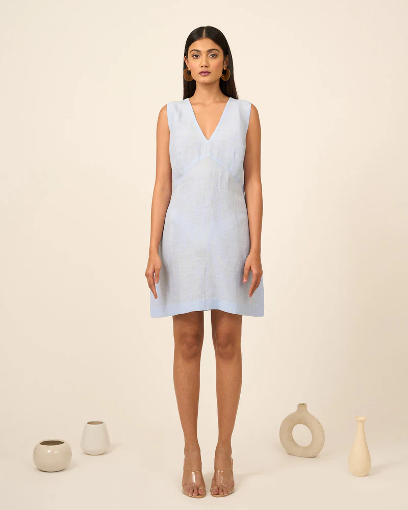 Sky Blue V Neck Linen Dress 4