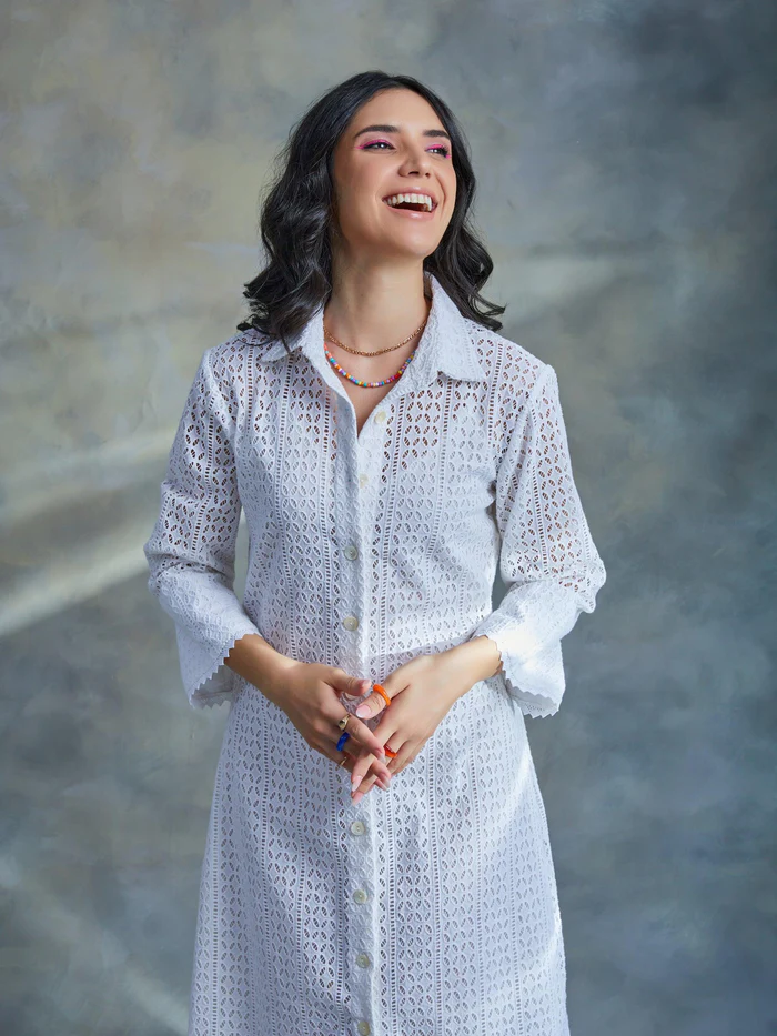 White Cut Work Midi Shirt Dress 3