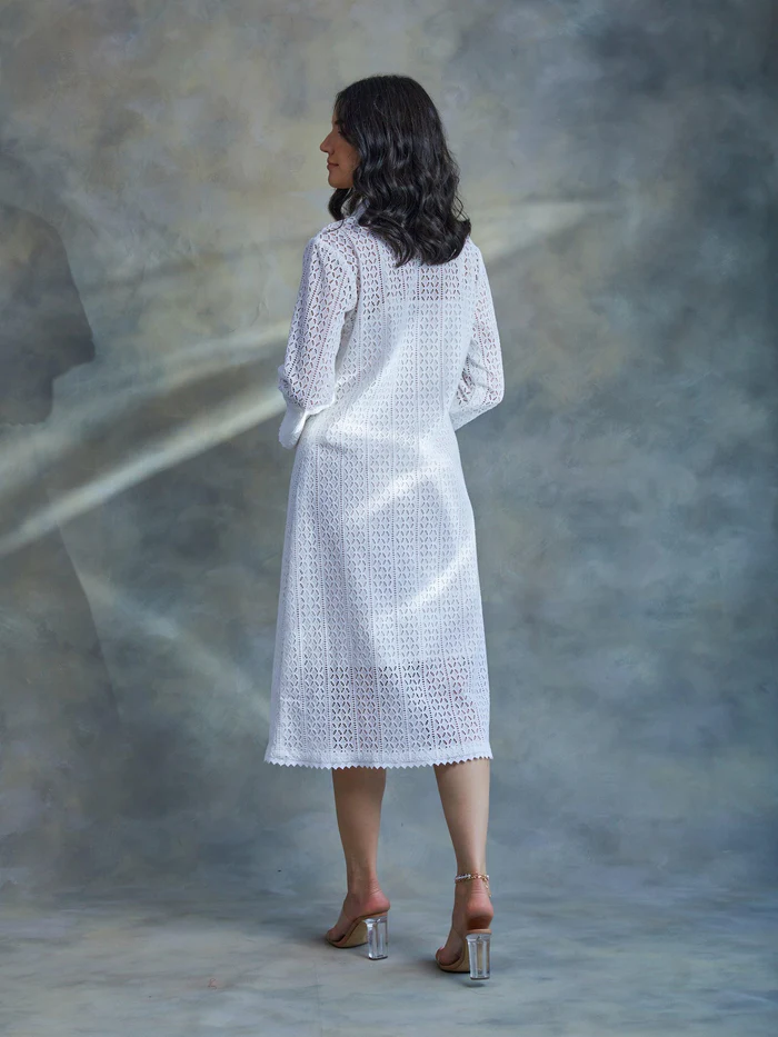 White Cut Work Midi Shirt Dress 4