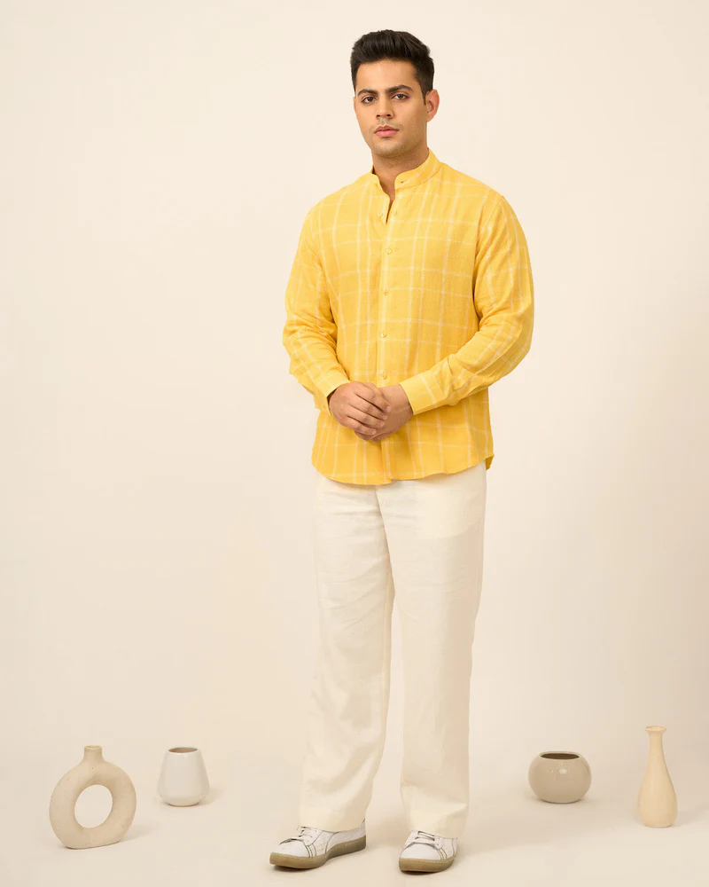 Yellow Checkered Linen Men's Shirt