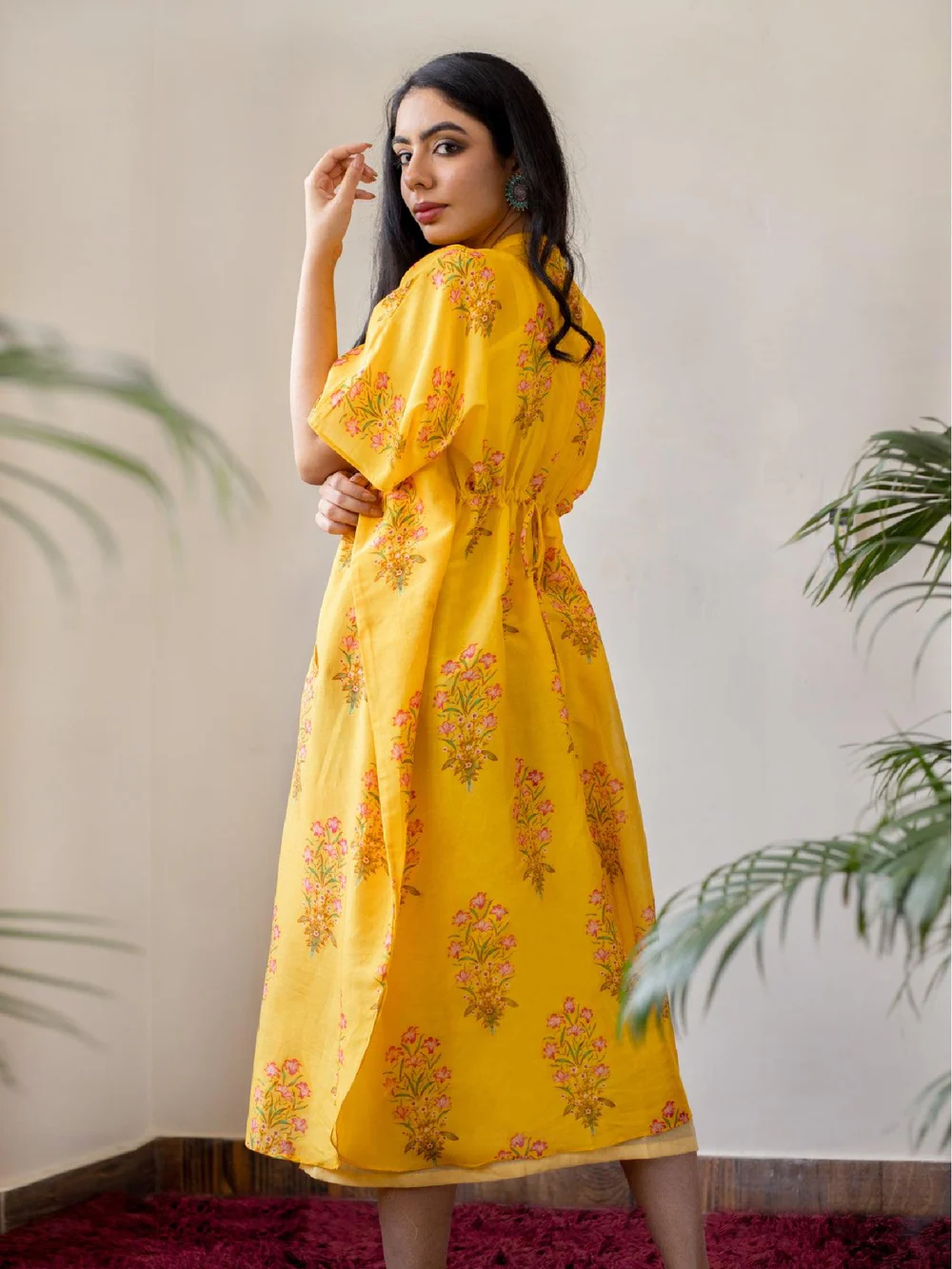 Yellow Floral Block Print Chanderi Button Kaftan 2