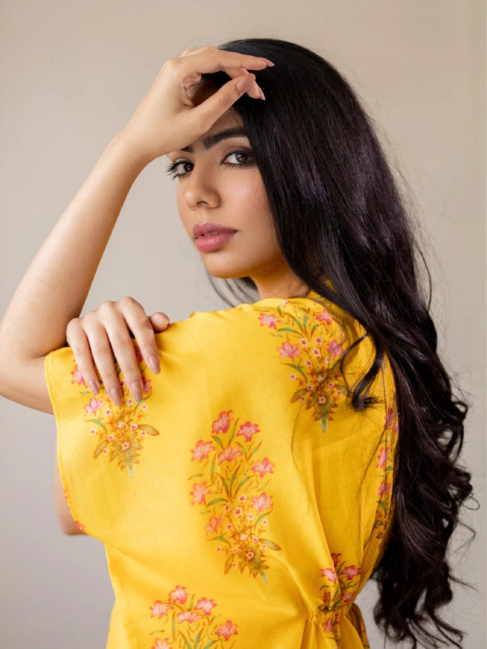 Yellow Floral Block Print Chanderi Button Kaftan 3