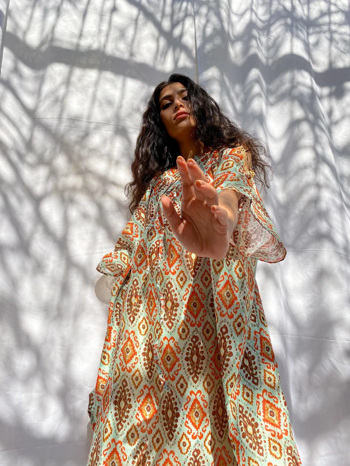 Zuhi - Mint Ikat Cold Shoulder Short Kaftan 6